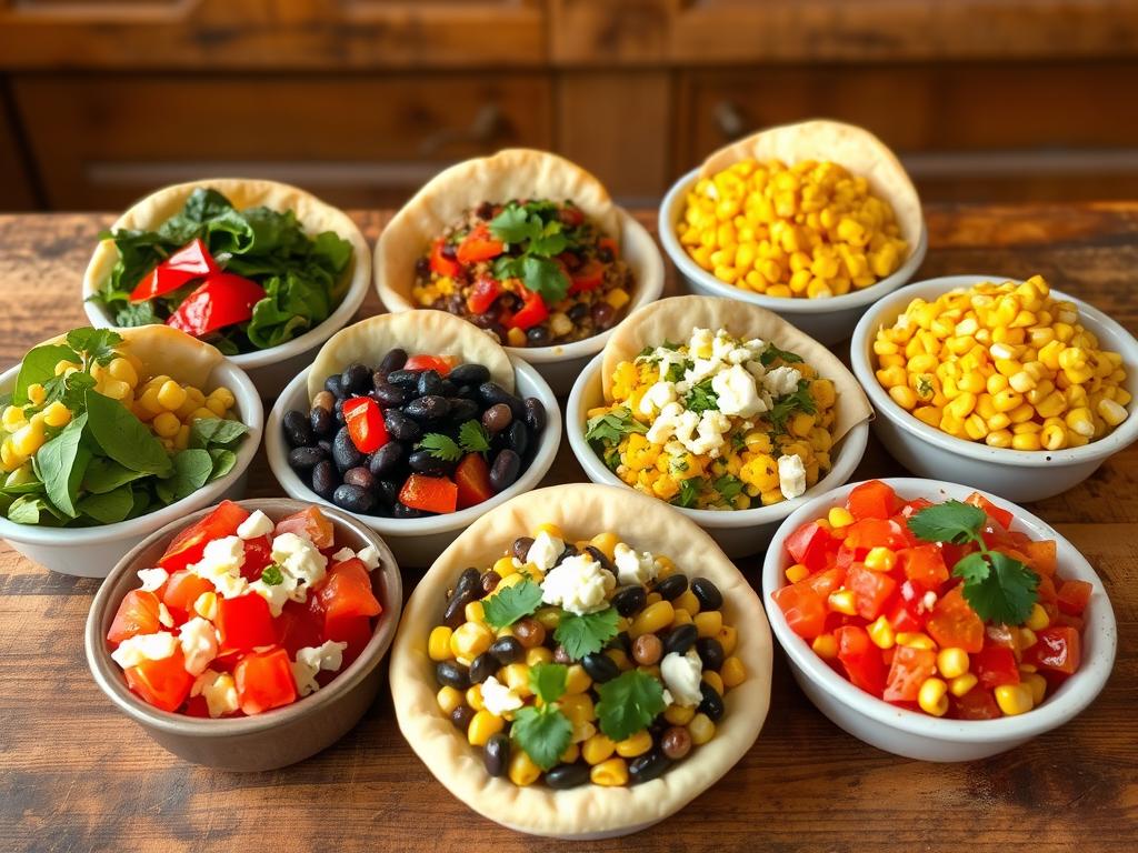 Artistically arranged vegetarian empanada fillings in small bowls on a rustic wooden table, featuring sautéed spinach, roasted red peppers, black beans, corn, diced tomatoes, crumbled feta cheese, and fresh herbs, set against a warm kitchen backdrop.