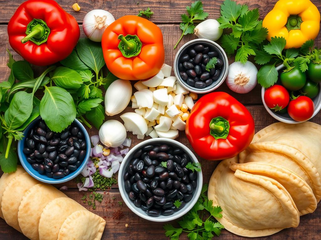 Fresh ingredients for vegetarian empanadas displayed on a rustic wooden table, including colorful bell peppers, tomatoes, spinach, onions, garlic, corn, cilantro, black beans, and flaky pastry dough, surrounded by herbs and spices.