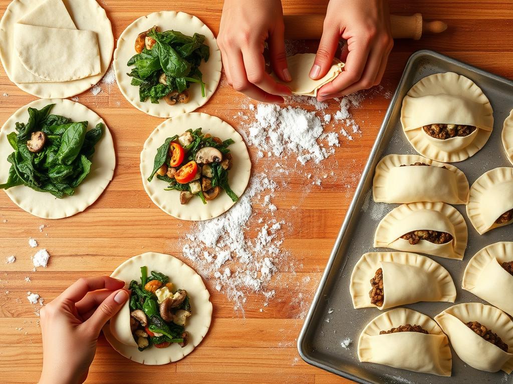 Overhead view of a wooden countertop displaying vegetarian empanada assembly with dough circles, vibrant vegetable fillings, and hands folding and crimping edges, surrounded by dusted flour, a rolling pin, and a tray of ready-to-bake empanadas.