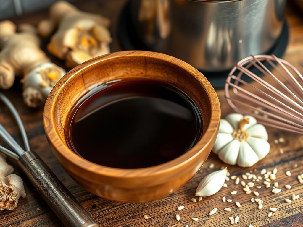 A vibrant display of homemade teriyaki sauce ingredients including fresh ginger root, garlic cloves, soy sauce, honey or brown sugar, rice vinegar, and sesame oil, garnished with sesame seeds and green onions on a rustic wooden background.