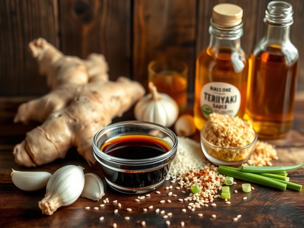 Close-up of a wooden bowl with teriyaki sauce, surrounded by ginger, garlic, sesame seeds on a rustic countertop with a whisk and simmering pot in the background.