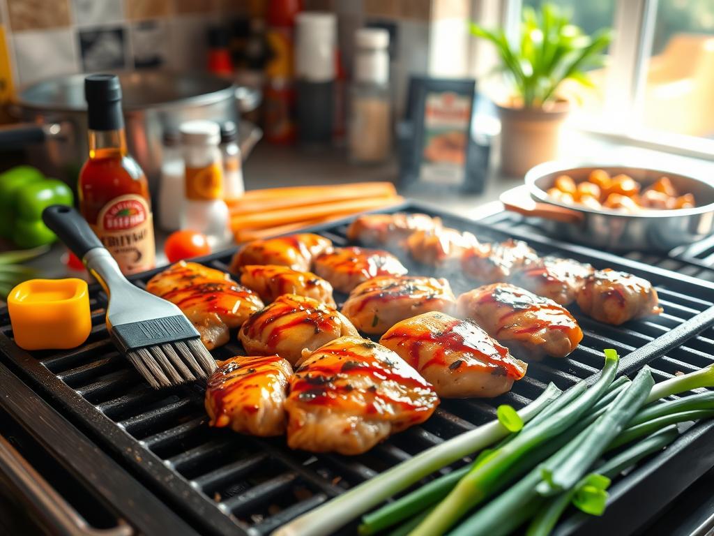  Vibrant kitchen scene with marinated chicken on a grill, surrounded by bell peppers and green onions, with a bottle of teriyaki sauce and a glazing brush, spices array, and a simmering saucepan in the background, illuminated by sunlight.