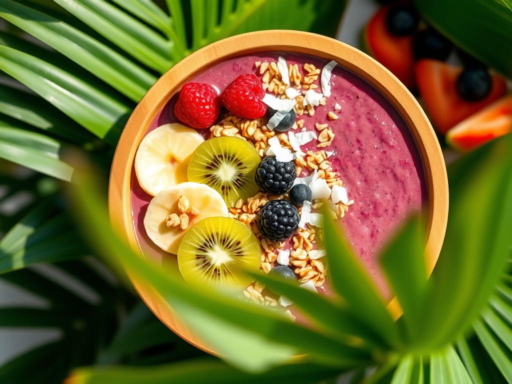 Vibrant acai smoothie bowl with fresh banana, kiwi, berries, granola, and coconut flakes in a wooden bowl, surrounded by tropical leaves in a bright, inviting atmosphere.