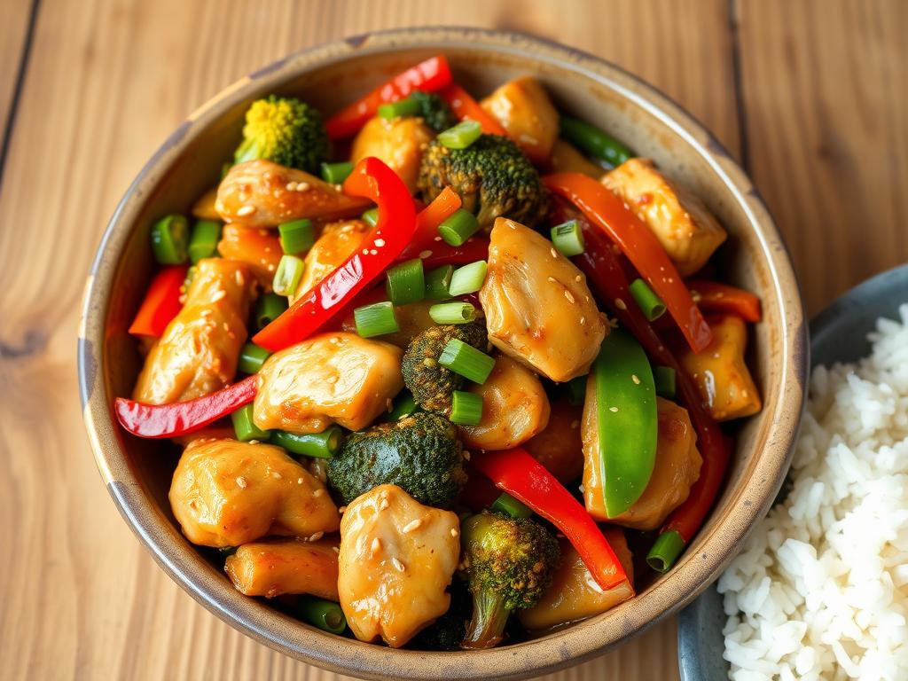 Colorful teriyaki stir-fry with chicken and vegetables including bell peppers, broccoli, and snap peas, served in a rustic bowl on a wooden table, garnished with sesame seeds and green onions, alongside steaming jasmine rice.