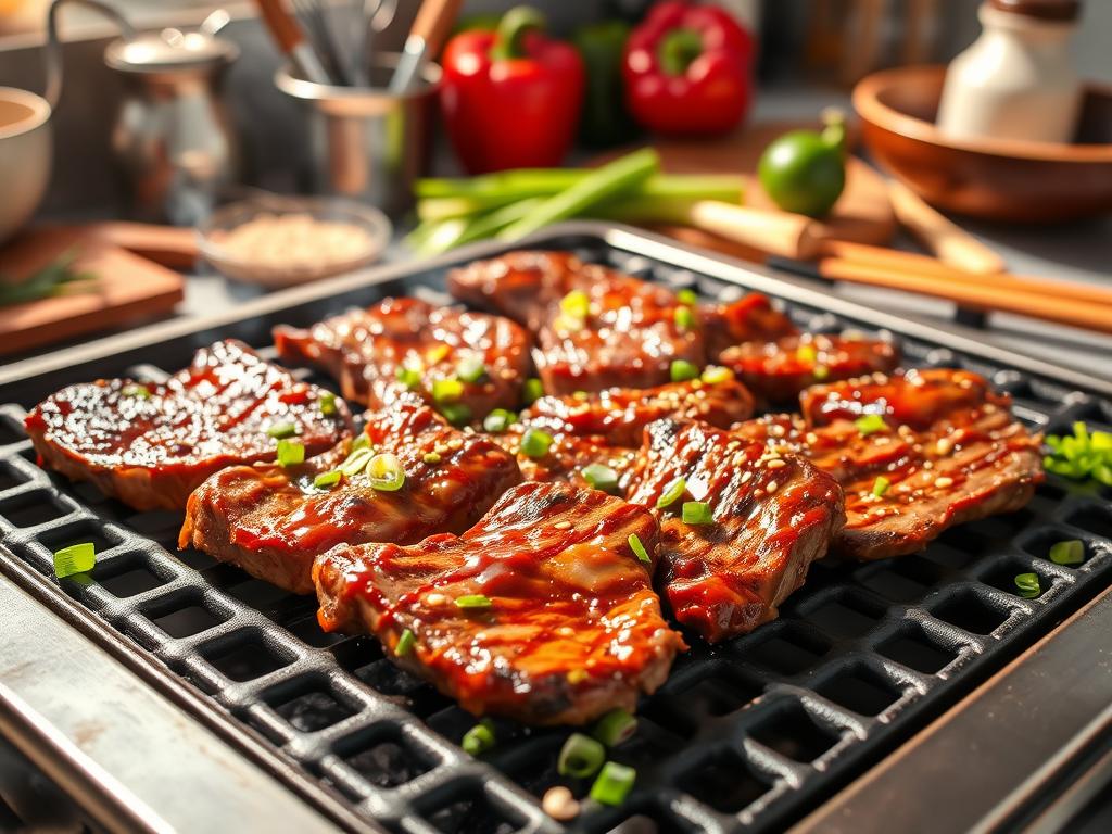  Vibrant kitchen scene with marinated beef strips grilling over an open flame, coated in glistening teriyaki sauce, surrounded by fresh green onions, sesame seeds, and bell peppers, with kitchen utensils in the background, all under warm sunlight.