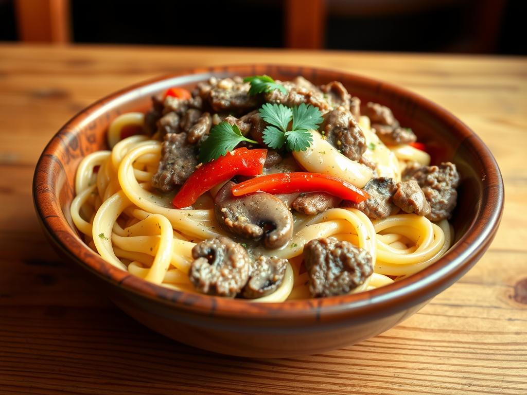 A plate of Philly cheesesteak pasta with tender fettuccine, creamy cheese sauce, seasoned steak strips, sautéed bell peppers, onions, and mushrooms, garnished with fresh parsley, served in a rustic bowl on a wooden table.