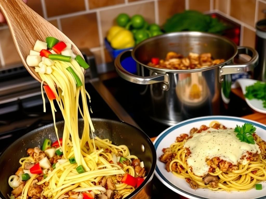 Vibrant kitchen scene with ingredients for Philly Cheesesteak Pasta being cooked, including sautéed vegetables, melted cheese over pasta, and a garnished finished dish.