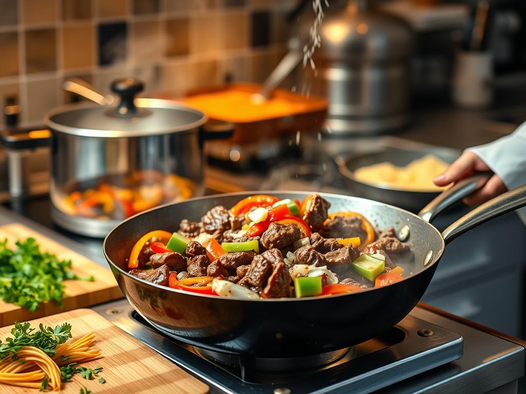 Chef sautéing beef, bell peppers, and onions in a skillet with pasta boiling and cheese sauce preparation in a warmly lit kitchen.