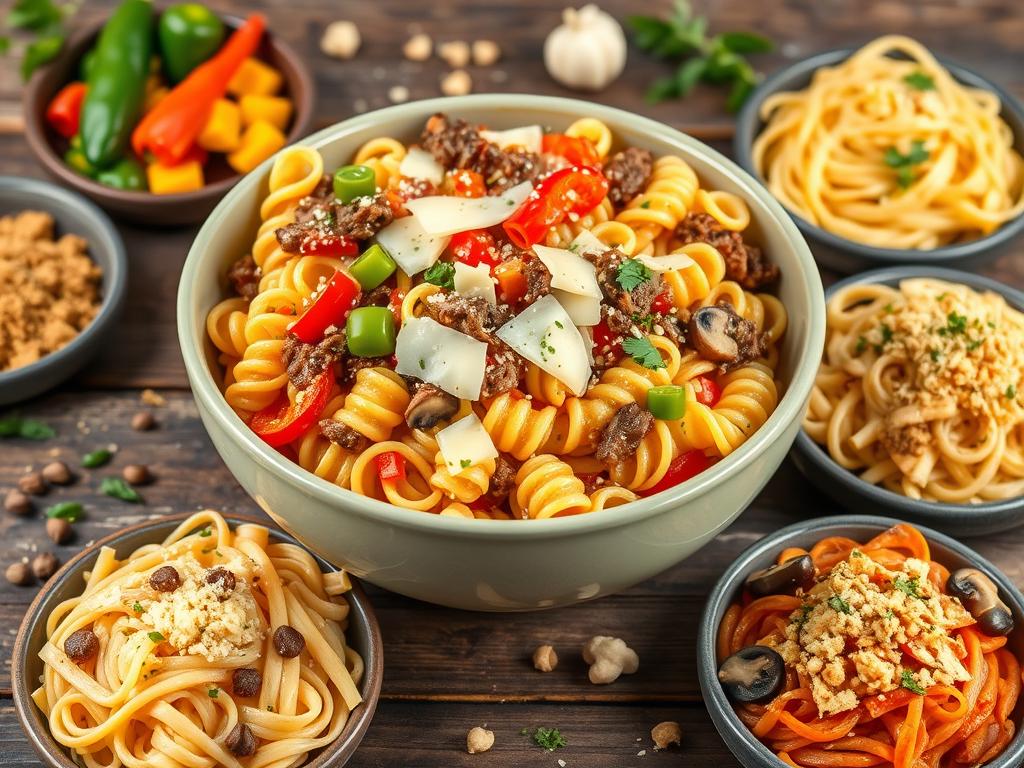 Colorful bowl of Philly cheesesteak pasta with variations including different pasta shapes and toppings on a rustic wooden table.