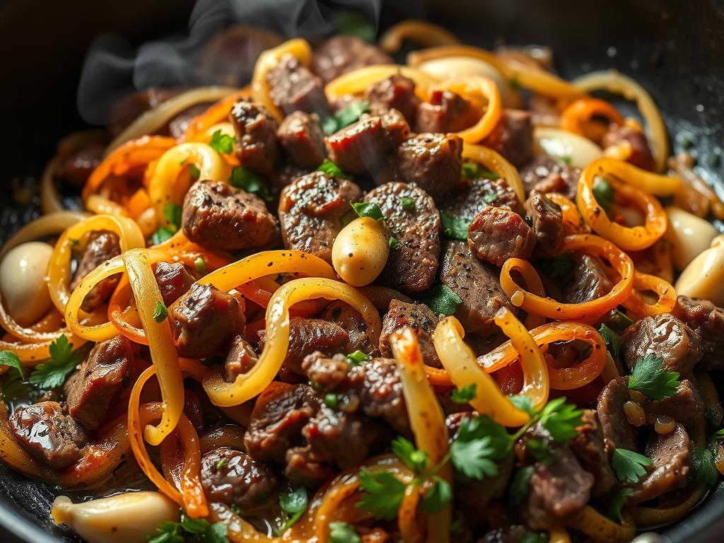 Close-up of sizzling beef and onions in a skillet, surrounded by fresh herbs and garlic, with steam rising, preparing for a fusion pasta dish.