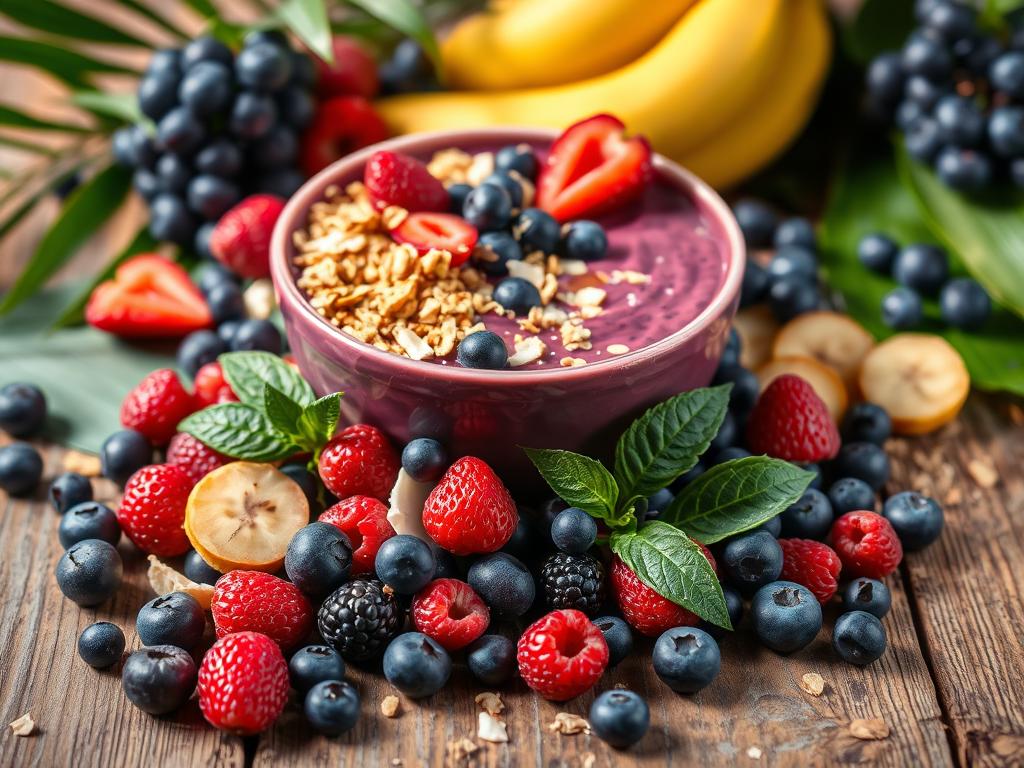 Acai berries scattered on a rustic wooden table with tropical leaves, fresh fruits, and a creamy acai bowl topped with granola, honey, and coconut flakes in soft natural lighting.