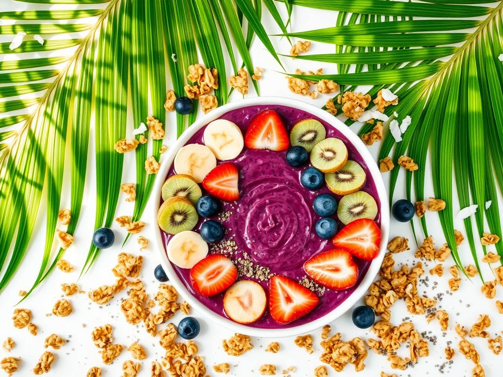 A vibrant tropical acai bowl with a deep purple base topped with bananas, strawberries, blueberries, and kiwi, surrounded by granola, coconut flakes, and chia seeds, set against lush palm leaves with sunlight filtering through.