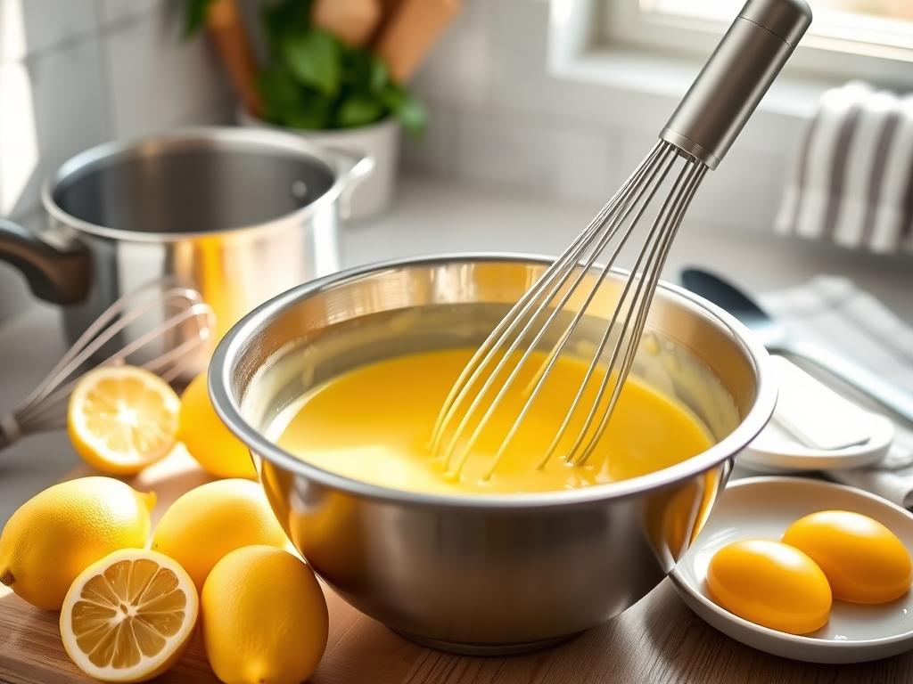 Preparation of hollandaise sauce in a bright kitchen, with a stainless steel bowl of creamy yellow sauce being whisked, surrounded by lemon halves, butter, and egg yolks, with natural light enhancing the scene.