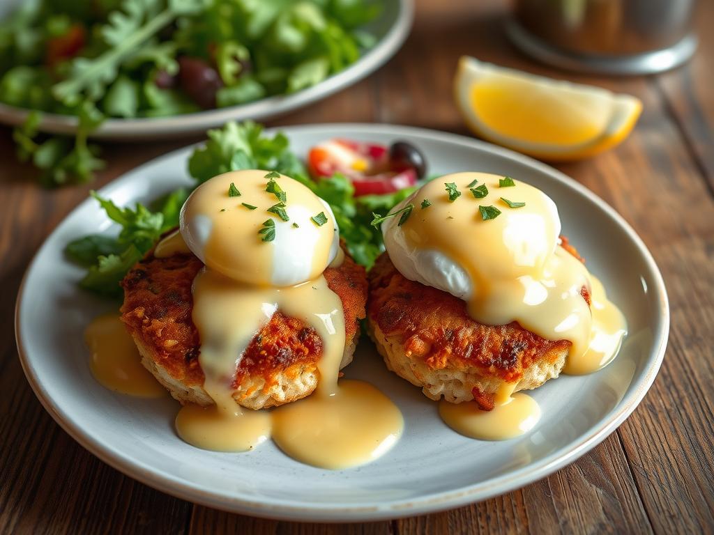 Crab Cake Eggs Benedict on a rustic wooden table, featuring golden crab cakes, poached eggs, creamy hollandaise sauce, and garnished with fresh herbs, served with mixed greens and a lemon slice.