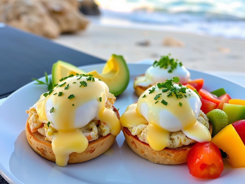 Seafood Eggs Benedict with poached eggs on crab cakes and toasted English muffins, topped with hollandaise sauce, fresh herbs, avocado slices, and seasonal fruit, set against a scenic coastal backdrop.