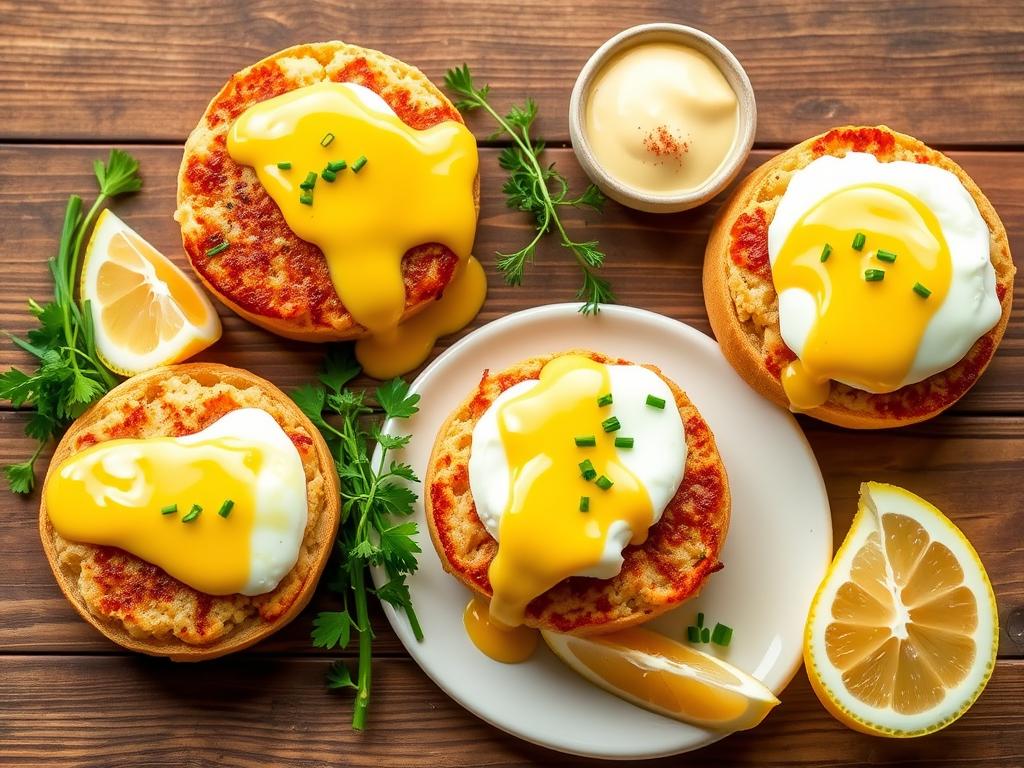 Ingredients for Crab Cake Eggs Benedict, including crab cakes, poached eggs, toasted English muffins, hollandaise sauce, fresh herbs, lemon wedges, and paprika, arranged on a rustic wooden table.