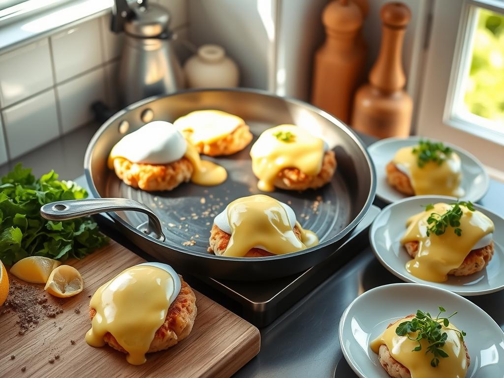 Kitchen scene of Crab Cake Eggs Benedict preparation, with crab cakes sizzling in a skillet, poached eggs, hollandaise sauce, fresh herbs, lemon wedges, and garnished plates in natural sunlight.