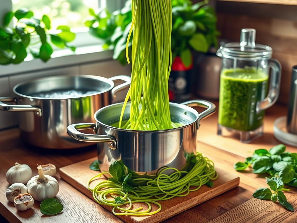 Vibrant kitchen scene showcasing the preparation of green spaghetti with fresh basil, spinach, garlic, a pot of boiling water, and a bright green pesto sauce in a blender on a wooden countertop.