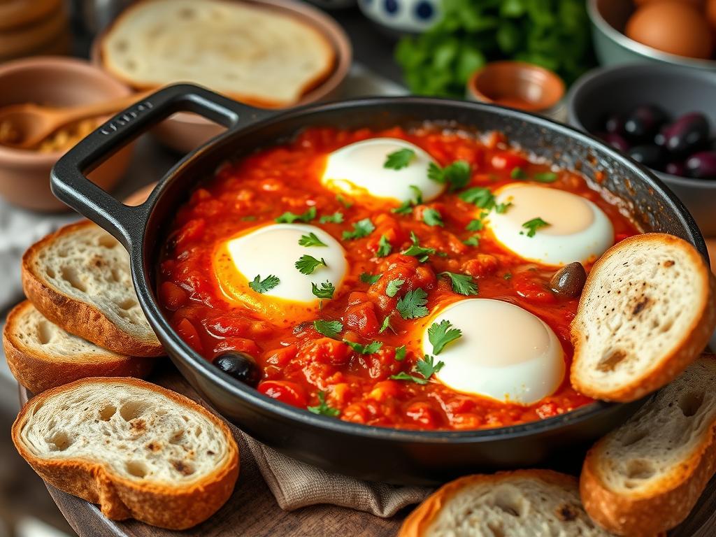 Rustic skillet of shakshuka with poached eggs in spiced tomato sauce, garnished with fresh herbs, served with crusty bread and olives in a cozy kitchen setting.