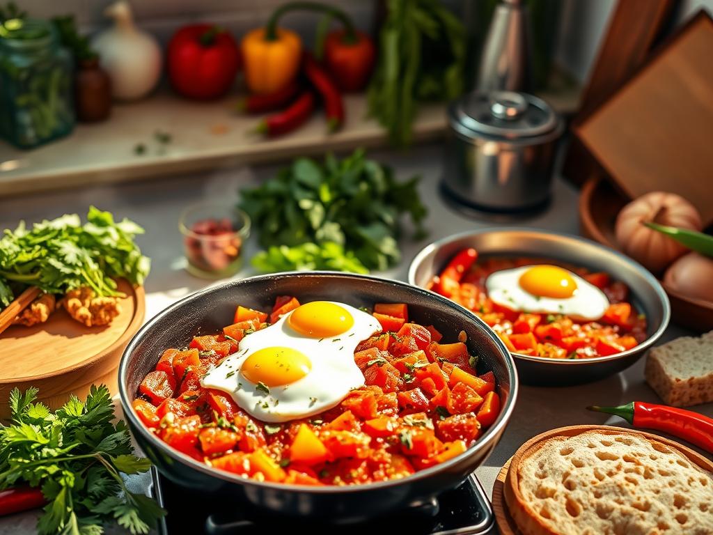 Step-by-step Mediterranial Shaksuka preparation in a skillet with simmering tomatoes, bell peppers, spices, and eggs, surrounded by fresh herbs, bread, and colorful ingredients in a sunlit kitchen.