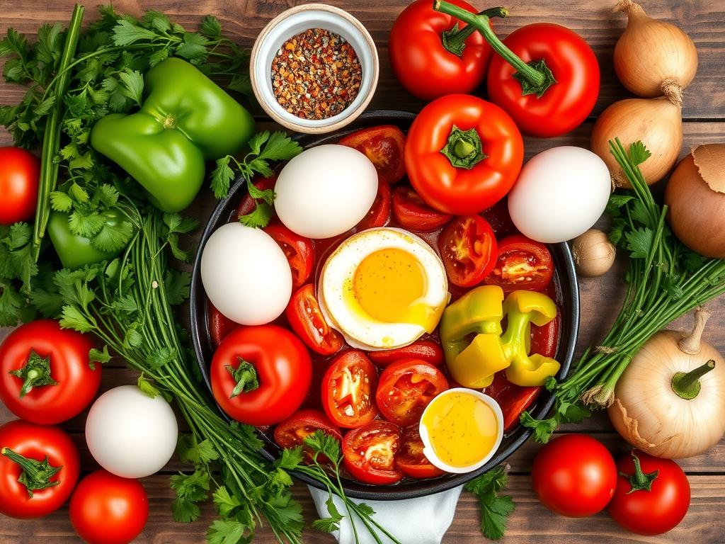 Fresh Mediterranial Shaksuka ingredients, including ripe tomatoes, green bell peppers, onions, eggs, spices, olive oil, parsley, and cilantro on a rustic wooden table.