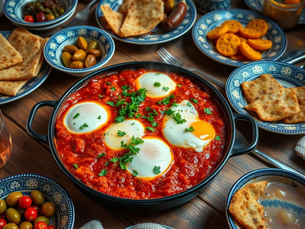 Traditional Middle Eastern shakshuka with poached eggs in spiced tomato sauce, garnished with herbs, served with flatbreads, olives, and pickles on a rustic wooden table with ceramic dishware.