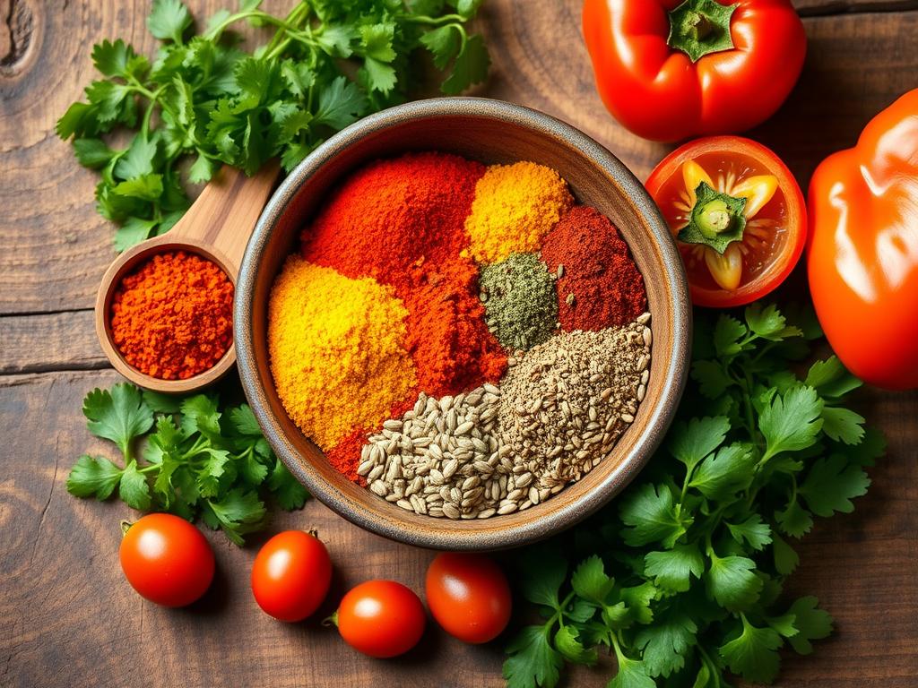 Traditional Mediterranial Shaksuka spices including paprika, turmeric, cumin, and coriander seeds, surrounded by fresh herbs, tomatoes, and bell peppers on a rustic wooden table.