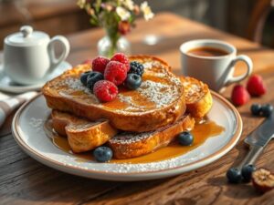 Homemade sourdough French toast topped with fresh berries, powdered sugar, and maple syrup, served with coffee and wildflowers on a rustic wooden table in soft morning light.