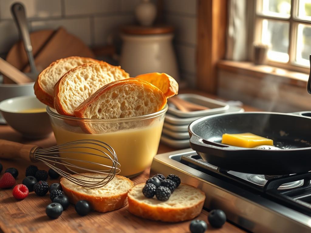 Rustic kitchen scene with golden-brown sourdough bread soaking in custard, fresh berries, a whisk, and cast iron skillet with melting butter, illuminated by warm sunlight.