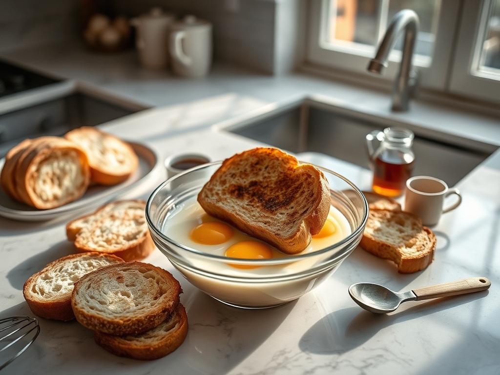 Elegant kitchen countertop with a bowl of custard mixture for French toast, sourdough bread slices, whisk, and maple syrup, illuminated by natural sunlight.