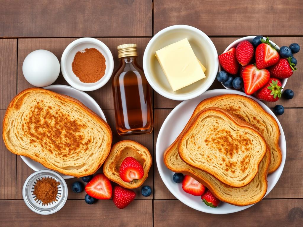 Flat lay of sourdough French toast ingredients: golden brown sourdough bread, farm-fresh eggs, creamy butter, cinnamon, vanilla extract, and fresh berries on a rustic wooden table.