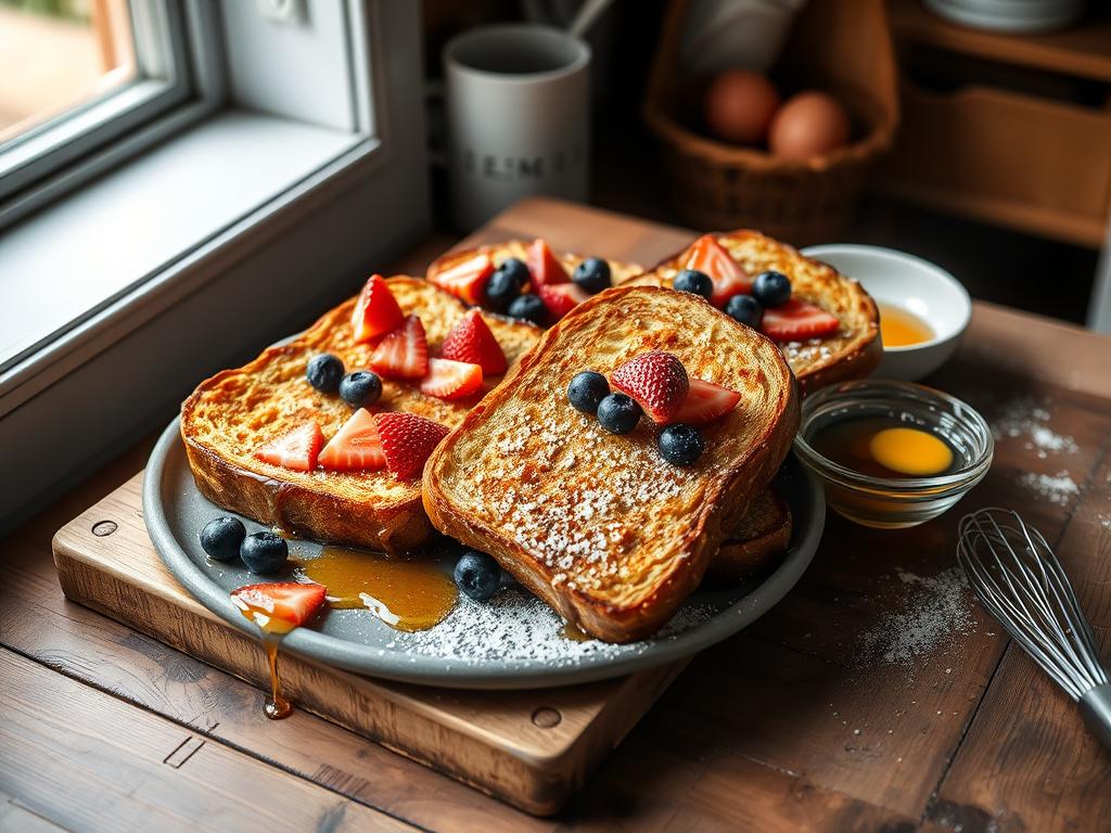 Elegant kitchen countertop with a bowl of custard mixture for French toast, sourdough bread slices, whisk, and maple syrup, illuminated by natural sunlight.