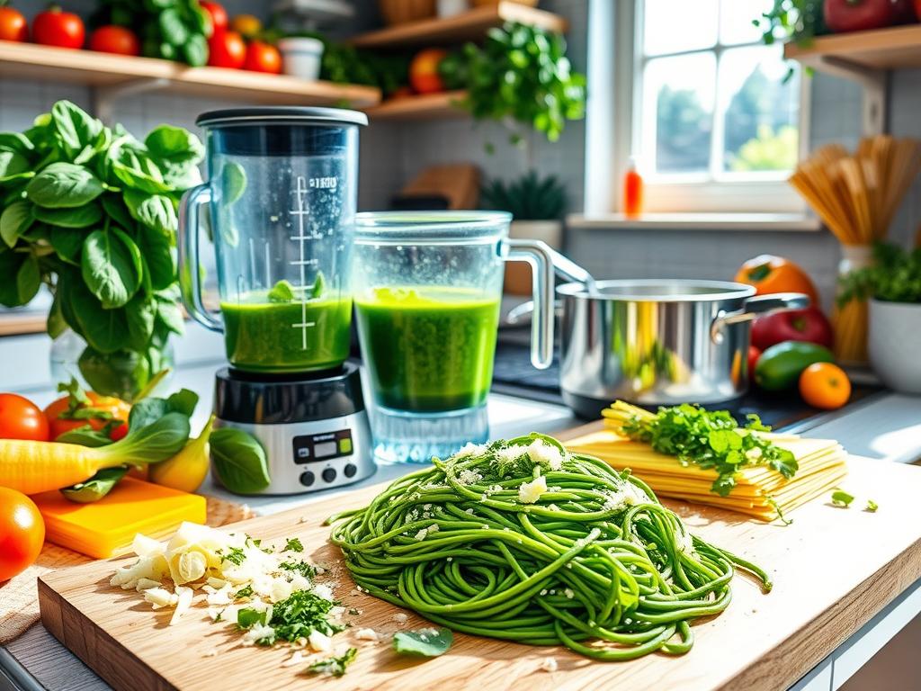 Vibrant kitchen scene showing the preparation of green spaghetti with fresh spinach, a blender filled with green sauce, boiling water, uncooked spaghetti, chopped garlic and herbs on a cutting board, and colorful vegetables arranged around the workspace.