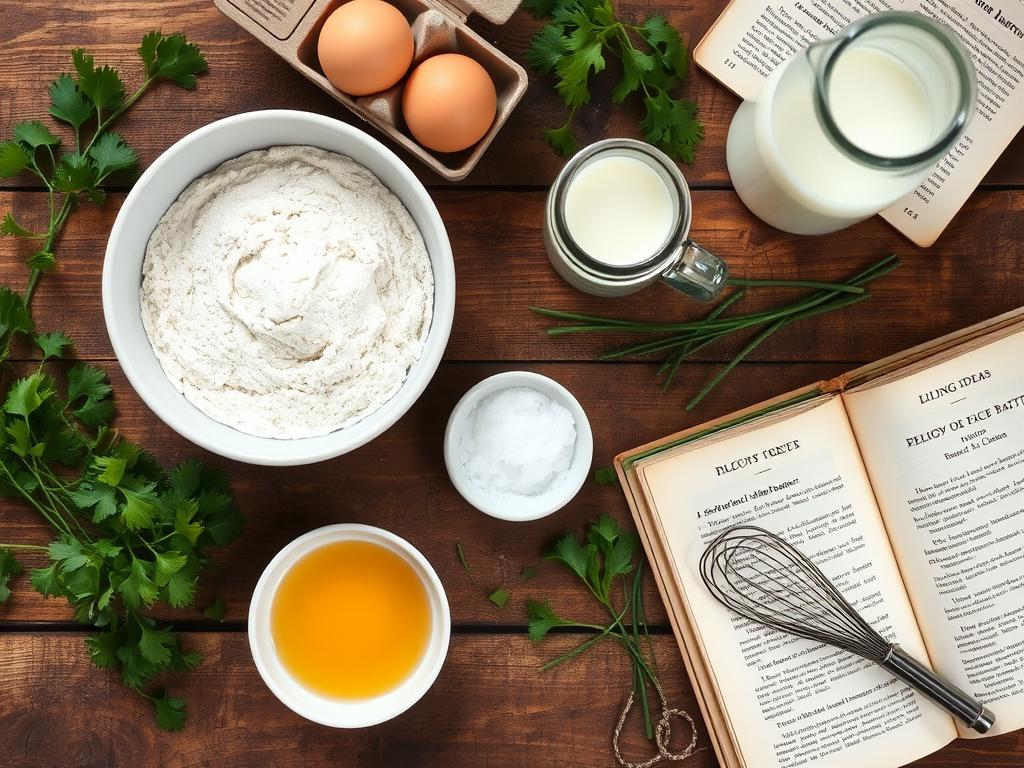 Rustic wooden table with ingredients for savory crepe batter: a bowl of flour, fresh eggs, creamy milk, salt, a whisk, fresh herbs, and a vintage recipe book under soft natural light.