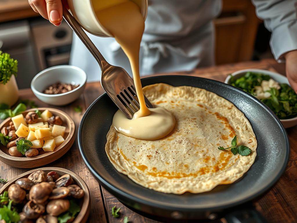 Close-up of a chef pouring crepe batter into a frying pan, surrounded by savory fillings like mushrooms, spinach, and cheese, with fresh herbs on a rustic wooden table under warm kitchen lighting.