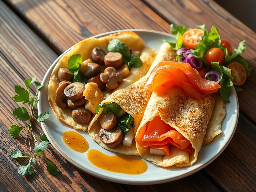 Beautifully arranged plate of savory French crepes filled with sautéed mushrooms, spinach, cheese, and smoked salmon, accompanied by fresh herbs, a vibrant salad, and a drizzle of sauce, illuminated by soft natural light on a rustic wooden table.