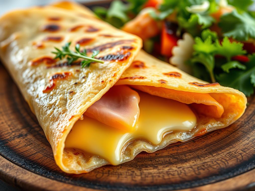 Close-up of a ham and cheese crepe with melted cheese oozing out, elegantly folded on a rustic wooden plate, garnished with fresh herbs and served with a vibrant mixed salad under soft natural lighting.