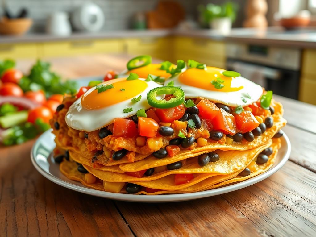 Vibrant Huevos Rancheros Casserole with corn tortillas, black beans, diced tomatoes, sunny-side-up eggs, fresh cilantro, and jalapeño slices, served on a rustic wooden table in a bright kitchen with natural light.