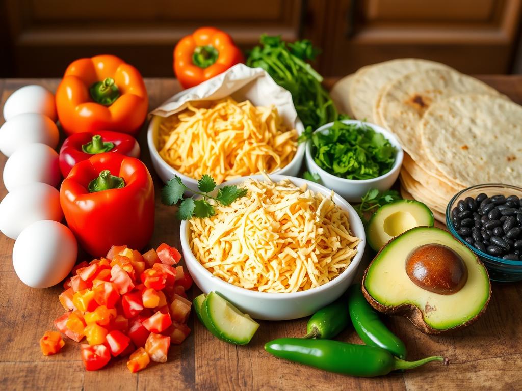 Essential ingredients for Huevos Rancheros Casserole: fresh eggs, bell peppers, diced tomatoes, black beans, shredded cheese, tortillas, avocado slices, cilantro, and jalapeños, arranged on a rustic wooden table with natural lighting."