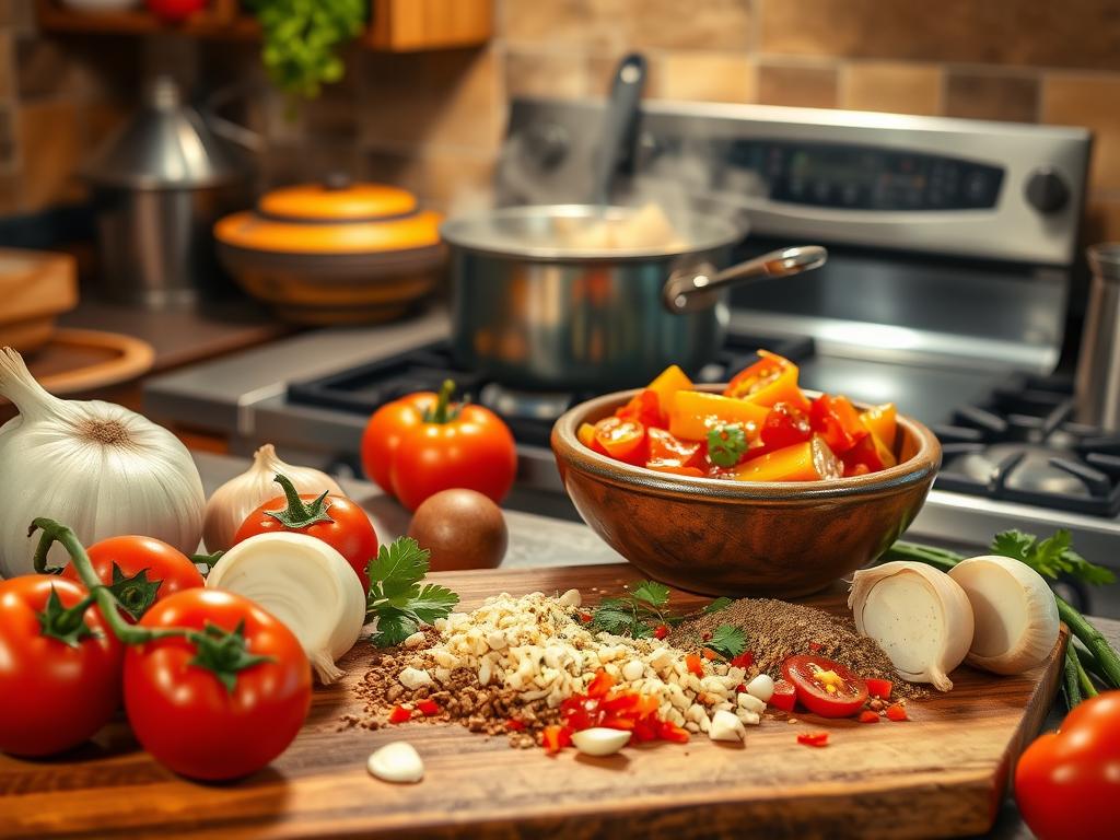 Kitchen scene showing the preparation of homemade ranchero sauce with fresh tomatoes, onions, garlic, and spices on a wooden cutting board, alongside colorful vegetables, a simmering pot on the stove, and warm lighting.