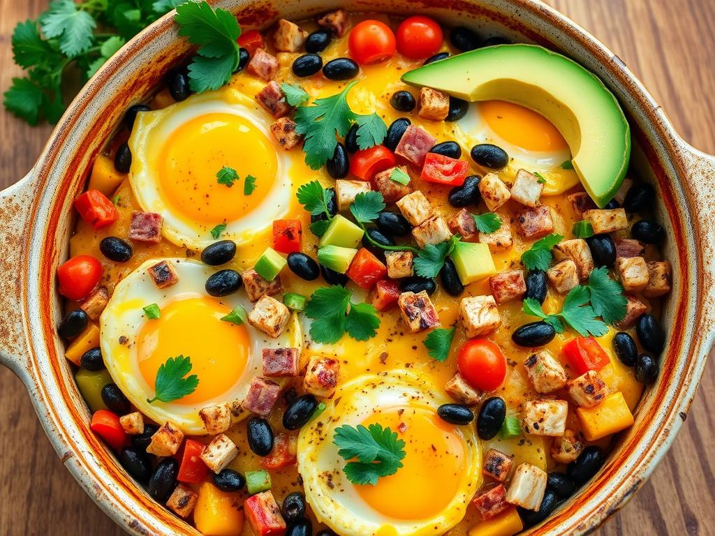 Southwestern egg casserole with layers of eggs, bell peppers, black beans, diced tomatoes, cheese, and proteins like chorizo, ham, chicken, and tofu, garnished with cilantro and avocado slices in a rustic ceramic dish on a wooden table.