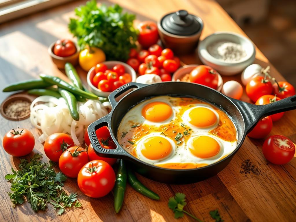 Ingredients for Huevos Rancheros Casserole: fresh tomatoes, green chilies, onions, and eggs in a cast iron skillet, surrounded by herbs and spices on a rustic wooden counter with warm sunlight.