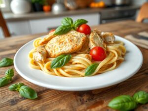 Plated creamy chicken pasta with tender chicken slices, fettuccine noodles, garlic parmesan sauce, fresh basil, and cherry tomatoes on a rustic wooden table in a cozy kitchen setting.