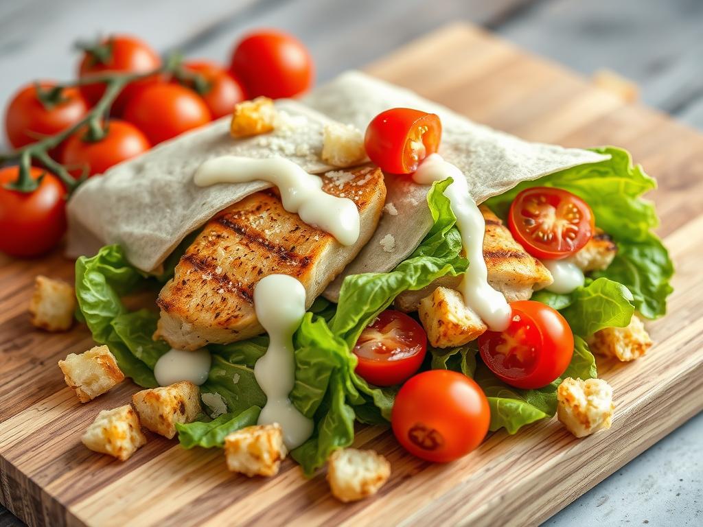 A freshly prepared grilled chicken Caesar wrap on a wooden cutting board, filled with crisp romaine lettuce, drizzled Caesar dressing, and topped with Parmesan cheese, surrounded by cherry tomatoes and croutons.