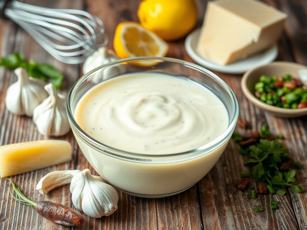 A glass bowl of creamy homemade Caesar dressing on a rustic wooden table, surrounded by fresh garlic, Parmesan cheese, lemon halves, anchovies, olive oil, and a whisk with herbs in the background.