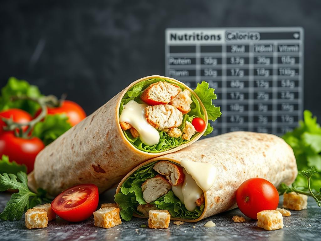 A halved Caesar wrap showcasing layers of grilled chicken, crisp lettuce, Parmesan cheese, and Caesar dressing, surrounded by fresh tomatoes and croutons, with a nutritional chart in the background.