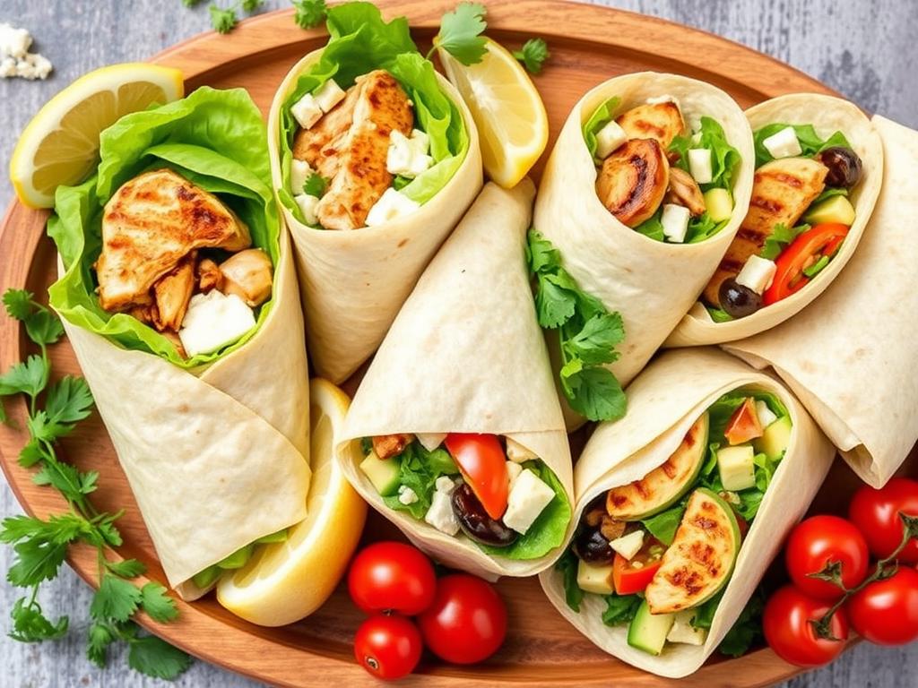 A vibrant display of Chicken Caesar Wrap variations: classic grilled chicken with romaine lettuce, spicy buffalo chicken with jalapeños, and a vegetarian wrap with grilled vegetables and avocado, served on a wooden platter with fresh herbs, lemon wedges, and cherry tomatoes.