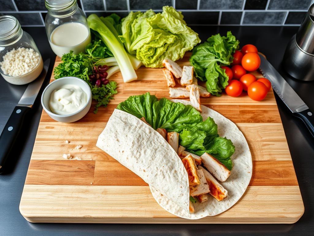 A beautifully arranged kitchen workspace with fresh ingredients for a Grilled Chicken Caesar Wrap: grilled chicken, romaine lettuce, Caesar dressing, and Parmesan cheese, with a tortilla wrap laid out ready to be filled.