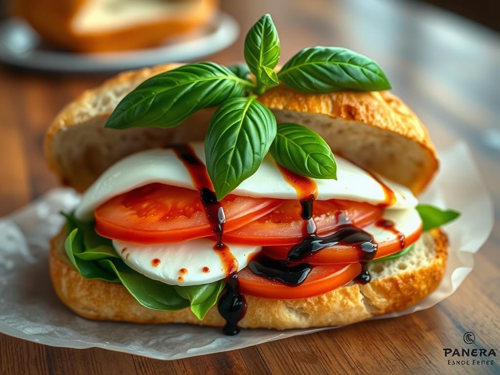 A Panera Caprese sandwich with ripe tomatoes, mozzarella, basil, and balsamic glaze on toasted artisan bread, set on a rustic wooden table with natural lighting.