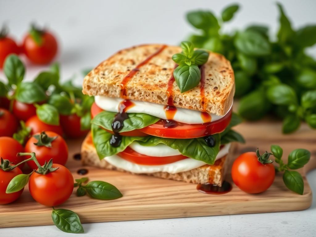 A beautifully arranged Panera Caprese sandwich with fresh mozzarella, ripe tomatoes, basil leaves, and balsamic glaze, placed on a wooden cutting board surrounded by basil sprigs and tomatoes, with a light and airy background.

